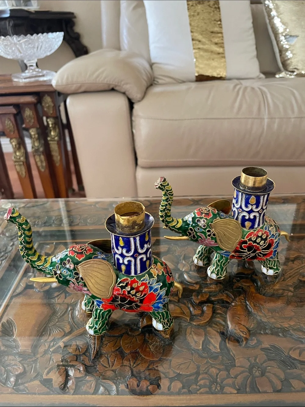 Vintage Pair of Chinese Cloisonne Elephant Candle Stick Holders